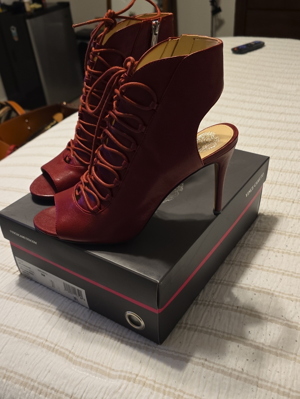 Vince Camuto Burgundy Lace-Up Peep-Toe Stiletto Booties